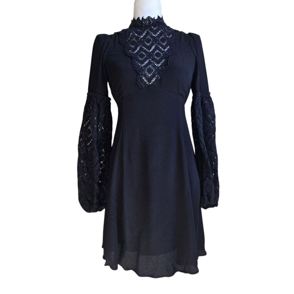 Bytimo XS Black Lasercut Eyelet Lace Puff Sleeve Mini Crepe Party Cocktail Dress